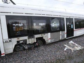 A car that derailed near Tremblay Station on Sept. 19. The LRT system hasn't been in operation since then.