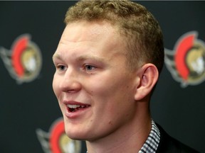 The Ottawa Senators' Brady Tkachuk talks to the media at Canadian Tire Centre in Ottawa Thursday.