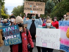 Trans-friendly folks converged outside Broadview Public School on Tuesday morning to stage a counter-protest against a B.C. man who was protesting against medical treatments offered to transgender youth.