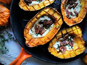 Roasted acorn squash with maple goat cheese and pecans from Vegetables: A Love Story.