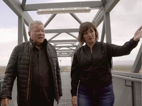 William Shatner tours the launch tower with Blue Origin's Sarah Knights at Launch Site One near Van Horn, Texas, U.S. in an undated still image from video.