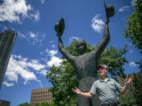 Clive Doucet, a former Ottawa city councillor and mayoralty candidate, at the The Man With Two Hats statue by Dow's Lake. He was part of a protest this past summer over the site of the new Civic hospital campus nearby.
