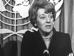 Flora MacDonald addresses the United Nations at a conference in Geneva in 1979 as Canada's Secretary of State for External Affairs.