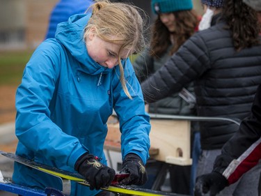 Margot West worked away at scraping the wax off the skis, making sure they are in the best condition they can be in for the upcoming winter season.