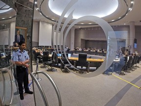 The chambers are seen from outside the glass doors during Wednesday's weekly Ottawa city council meeting in Andrew S. Haydon Hall.