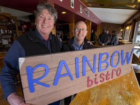 Rainbow Bistro owner Danny  Sivyer, left, and Kevin Ford, CEO of Calian Group, at the storied live music venue. Ford spearheaded a working group of music-loving business leaders called the Rainbow Bistro Business Amplifiers to raise $50,000, so far, to support the business.