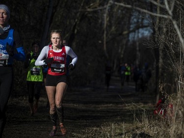 Skye Pellerin of Ottawa makes her way through the woods during the under-20 women's six-kilometre race at Wesley Clover Parks on Saturday. She would finish 23rd.