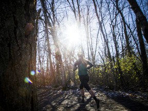 A competitor in the under-20 women's six-kilometre race runs through the woods of Wesley Clover Parks on Saturday.