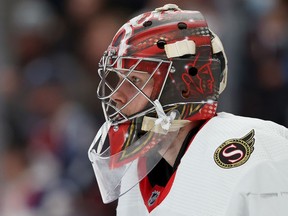 Filip Gustavsson (32) of the Ottawa Senators tends goal against the Colorado Avalanche in the second period at Ball Arena on November 22, 2021 in Denver, Colorado.