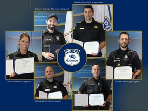 Gatineau police officers recognized by the FBI.:  Agent Vincent Bélanger; Sgt. Simon Gélinas-Therrien; Insp. Gaétan Lafrance; Agent Alexandre Lebrun; Agent Mathieu Presseau; Agent Carine Samson.