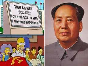 In Episode 12 of Season 16, Homer and his family encounter a plaque in Tiananmen Square that reads: “On this site, in 1989, nothing happened.” Homer also calls Mao Zedong, the ruthless communist, a "little angel".