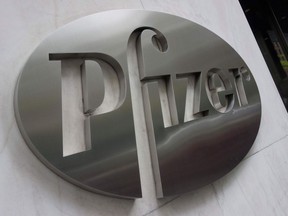 The Pfizer company logo  at Pfizers headquarters in New York.