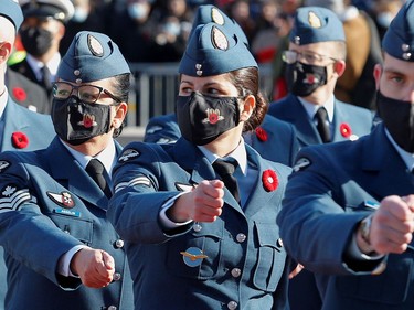 Royal Canadian Air Force's members march prior to a ceremony at the National War Memorial on Remembrance Day in Ottawa.