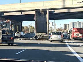 Dump truck accident on HWY417 W at Vanier Overpass. photo by Dragos Popa PhD