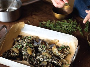 Sesame-crusted feta with black lime honey syrup from Ottolenghi Test Kitchen: Shelf Love.