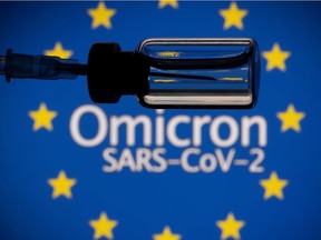 A vial and a syringe are seen in front of a displayed EU flag and words "Omicron SARS-CoV-2" in this illustration taken, November 27, 2021. REUTERS/Dado Ruvic/Illustration