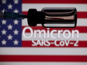 A vial and a syringe are seen in front of a displayed United States' flag and words "Omicron SARS-CoV-2" in this illustration taken, November 27, 2021.