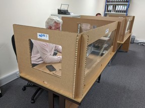 Employees work at their desks while protected from colleagues by the company's cardboard social distancing screens.