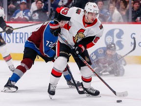 File photo/ Ottawa Senators right wing Tyler Ennis (63) controls the puck against Colorado Avalanche right wing Joonas Donskoi (72) at the Pepsi Center in Colorado, Feb. 11, 2020.