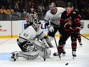 Ottawa Senators left wing Brady Tkachuk (7) moves in for the puck as Los Angeles Kings goaltender Cal Petersen (40) defends the goal the third period at Staples Center.