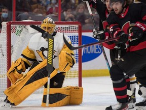 Pittsburgh Penguins goalie Casey DeSmith (1) loses his stick during the second period against the Ottawa Senators at the Canadian Tire Centre.