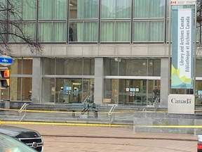 The scene on Wellington St at the Library and Archives Canada building. A 'suspicious' package was found to be no threat.