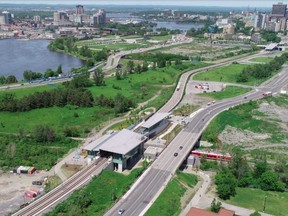 An overhead view of LeBreton Flats, looking east over Bayview Station.
