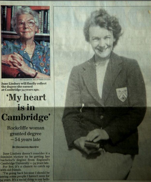  Copy photo: June Lindsey completed her undergraduate studies in 1944 at Cambridge’s Newnham Women’s College, but it would be 50 years before she was granted a BA. Picture courtesy of June Lindsey.