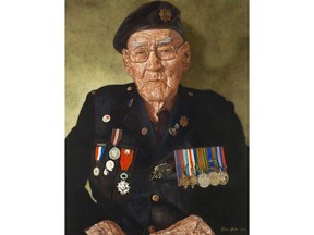 Philip Favel, a member of Sweetgrass First Nation, was one of several thousand Indigenous men and women who served with the Canadian armed forces during the Second World War. This portrait by Ottawa's Elaine Goble appears in the Canadian War Museum.