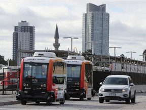 An electric low-speed automated shuttle trial starts at Tunney's Pasture in November, 2020.