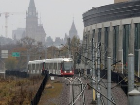 An LRT train in operation between Lees Station and uOttawa Station earlier on Thursday.