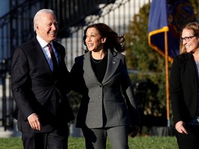 U.S. President Joe Biden and Vice-President Kamala Harris arrive to sign the Infrastructure Investment and Jobs Act on the South Lawn at the White House on Nov 15. As VP, Harris lacks the shrewdness of Dick Cheney and the experience of Biden, her prominent predecessors.