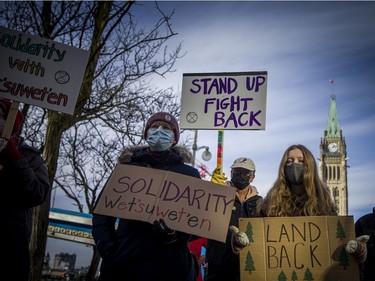 A rally was held Sunday on Wellington Street in support of the Wet'suwet'en people and their opposition to the Coastal GasLink pipeline as well as the RCMP's arrest of land defenders in British Columbia last week.