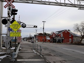 Brockville's Perth Street train crossing is seen on Sunday afternoon, Dec. 5, 2021.