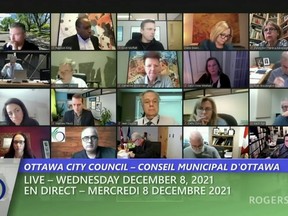 Members of Ottawa City Council are seen here in a screen shot during the hours-long discussion about the budget at Wednesday's meeting.
