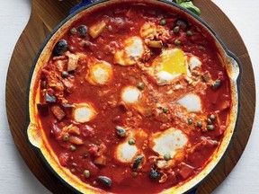 Eggs in a spicy tomato sauce with eggplant, from Lidia Bastianich’s new cookbook.