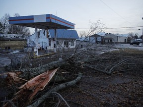 General view of tornado damaged businesses on Dec. 11 in Mayfield, Kentucky.