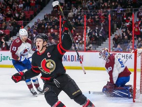 Brady Tkachuk celebrates the overtime winner for the Sens against Colorado Saturday night at the Canadian Tire Centre.