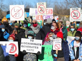 About 200 people gathered to protest Quebec's secularism law on Dec. 14.