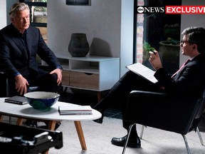 This image released by ABC News shows actor-producer Alec Baldwin, left, during an interview with Good Morning America co-anchor George Stephanopoulos.