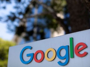 A Google sign is shown at one of the company's office complexes in Irvine, California, on July 27, 2020.