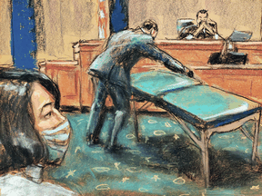 A massage table is displayed in court during the trial of Ghislaine Maxwell, the Jeffrey Epstein associate accused of sex trafficking, in a courtroom sketch in New York City, December 3, 2021.