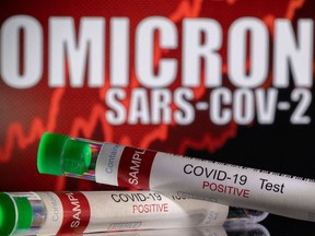 FILE PHOTO: Test tubes labelled "COVID-19 Test Positive" are seen in front of displayed words "OMICRON SARS-COV-2" in this illustration taken December 11, 2021.