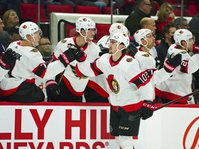 Ottawa Senators left wing Alex Formenton (10) celebrates his goal against the Carolina Hurricanes during the first period at PNC Arena.