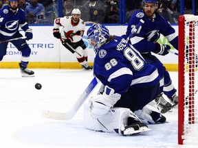 Tampa Bay Lightning goaltender Andrei Vasilevskiy (88) makes a save against the Ottawa Senators during the third period at Amalie Arena.