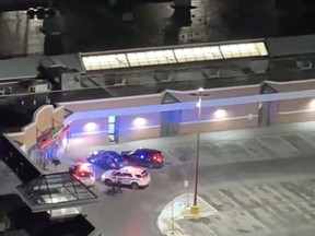 A video of the incident, filmed by a bystander in a nearby building, shows three OPS vehicles, sirens blazing, following the suspect's vehicle into the parking lot of a shopping centre.