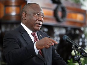 President Cyril Ramaphosa addresses mourners at the state memorial service for former President FW de Klerk in Cape Town, South Africa, December 12, 2021