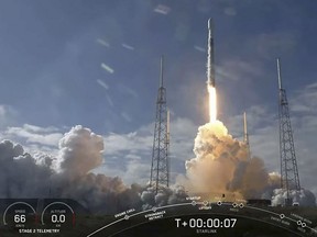 A SpaceX Falcon 9 rocket lifts off to launch 60 new Starlink satellites into orbit from Cape Canaveral Air Force Station, Florida on February 17, 2020.