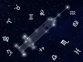 The illustration shows a starry night sky, with an image of a vaccination needle traced in the stars. Floating around the edge of the needle are the various symbols of the zodiac.