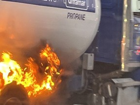 Westbound 417, fire on a propane carrier on Highway417 Tuesday morning.